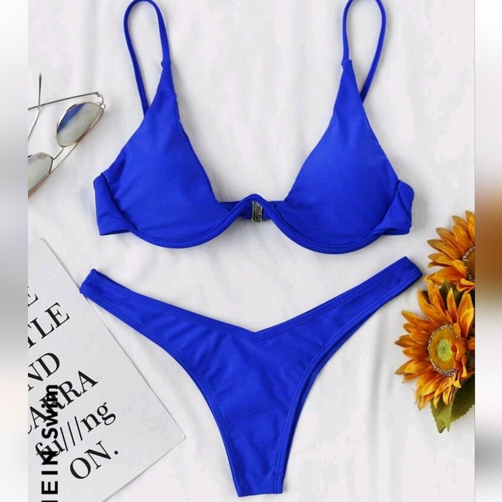 SHEIN Swim High Cut Bikini Electric Blue Size Large NWOT